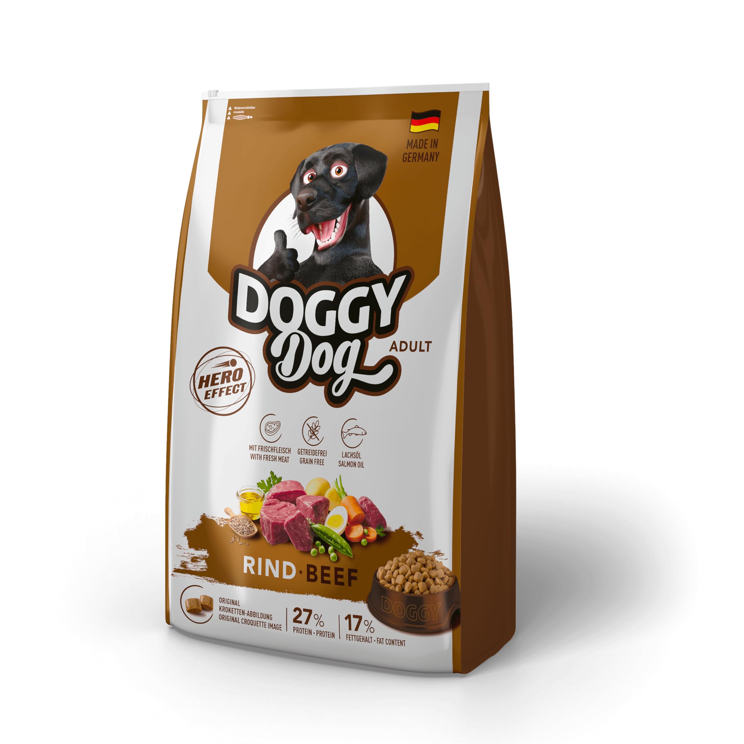 DOGGY Dog Wołowina dla dorosłych, 10 kg, sucha karma z dużą zawartością mięsa dla dorosłych psów, bezzbożowa karma dla psów z olejem z łososia, Made in Germany