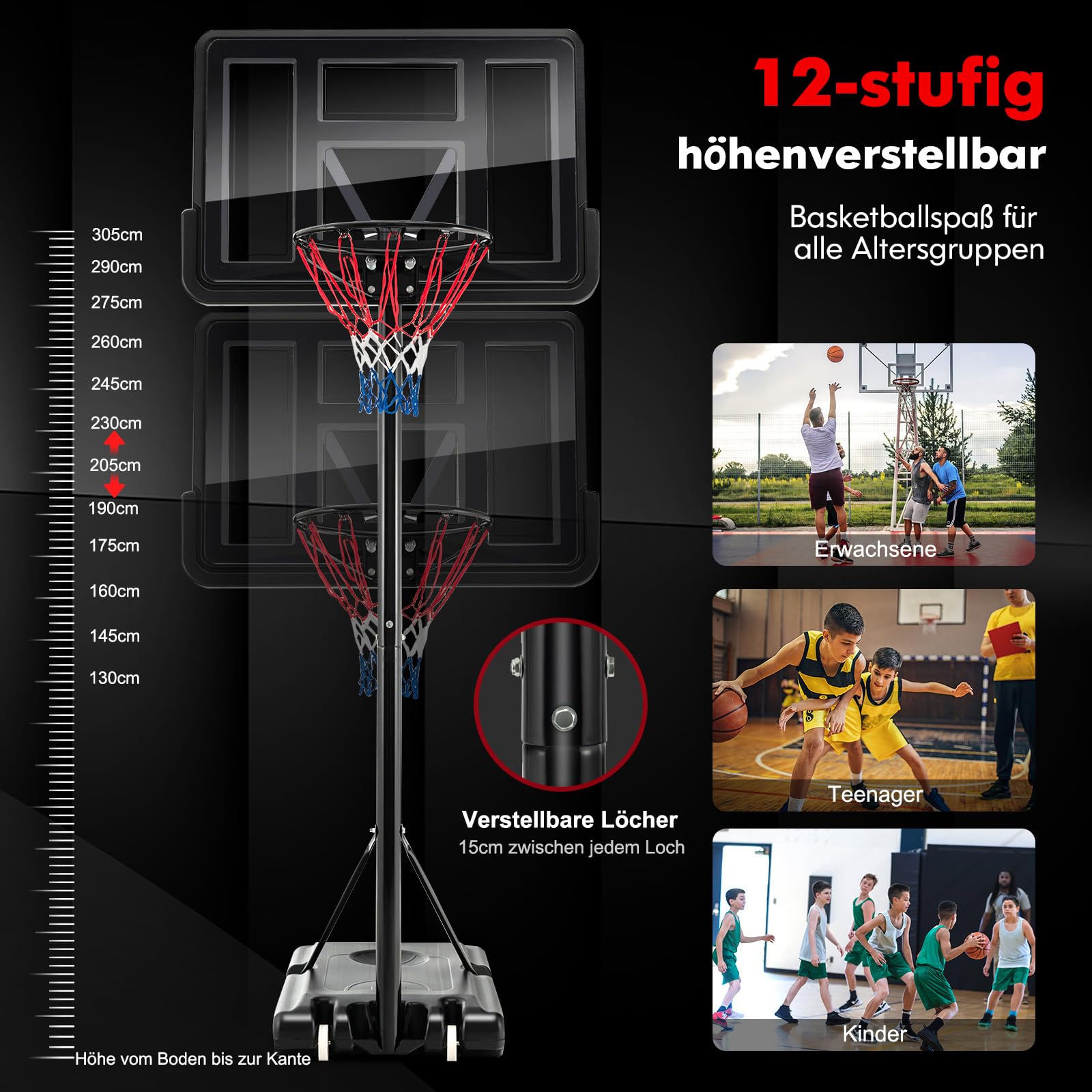 COSTWAY Basketballkorb Outdoor, 130/170-305cm höhenverstellbar, Basketballständer mit Ständer & 2 Rädern, Mobiles Korbsystem mit Ballaufbewahrung, Korbanlage für Kinder, Erwachsene