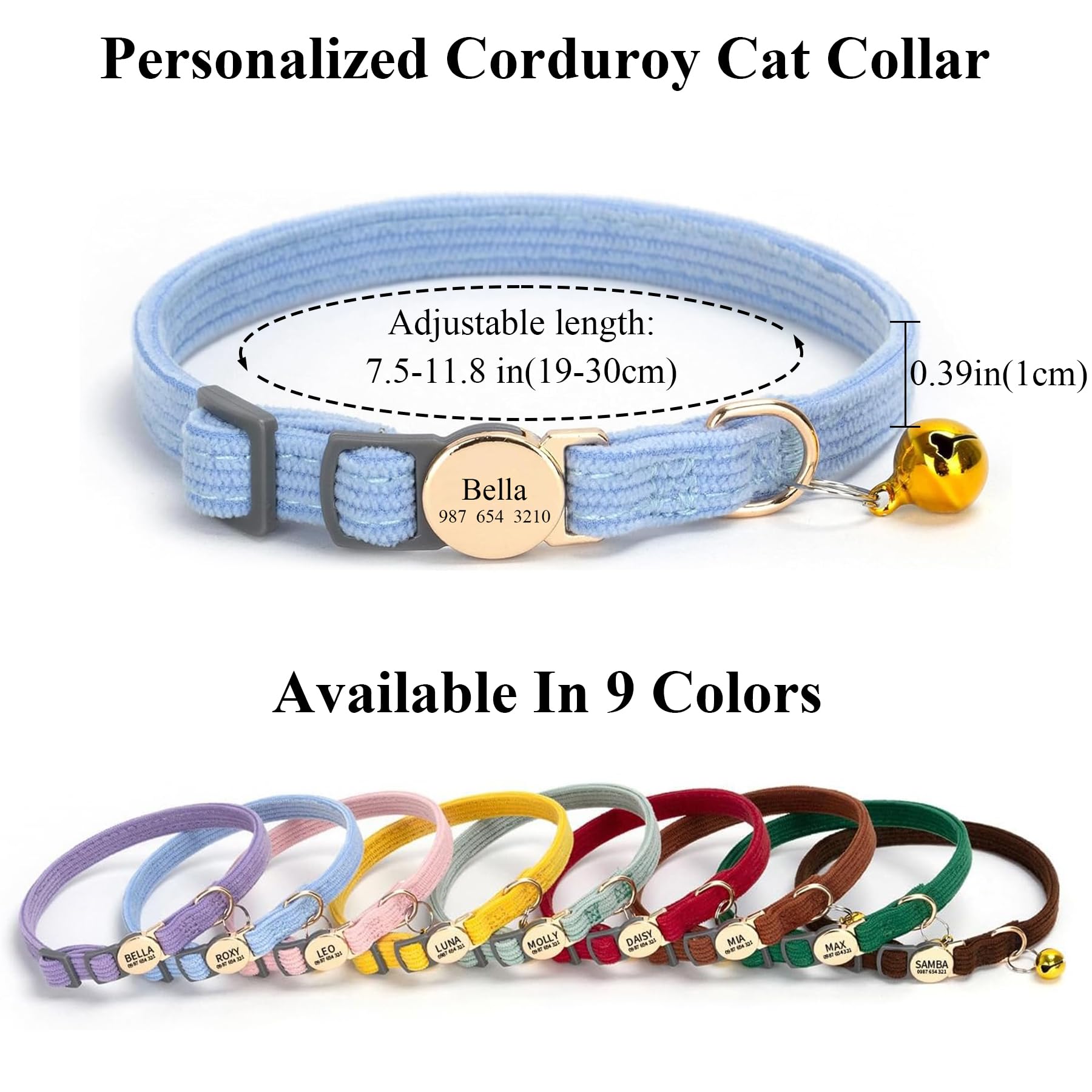 Collare gatto personalizzato con campana, nome e numero di telefono inciso su misura, tessuto regolabile morbido, fibbia a rilascio rapido Breakaway
