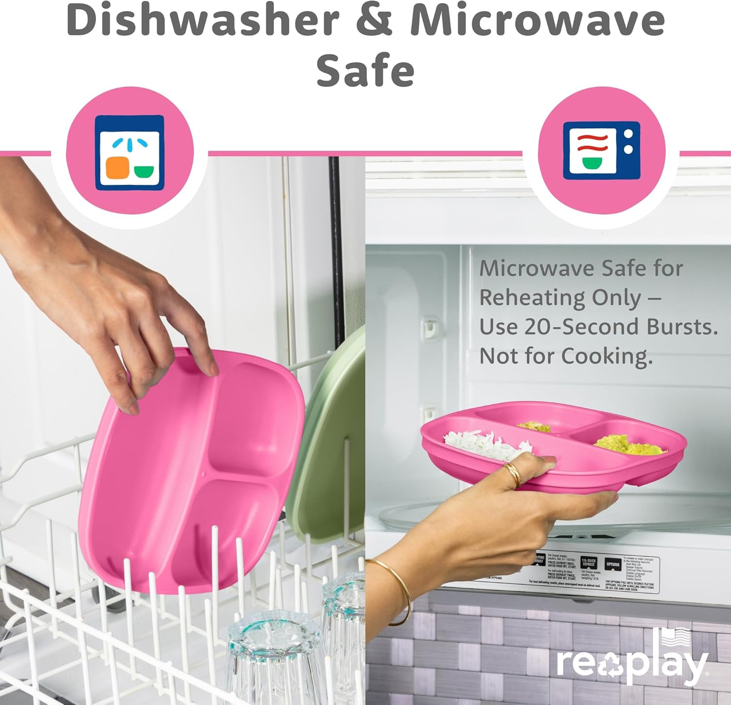 Re-Play Toddler Plates with Dividers - Deep-Walled 3 Compartments Divided Plates for Kids with 3 Lids - Dishwasher & Microwave Safe - Made in USA - Set of 3-7.37" x 7.37" x 1.25" - Berry - Image 7