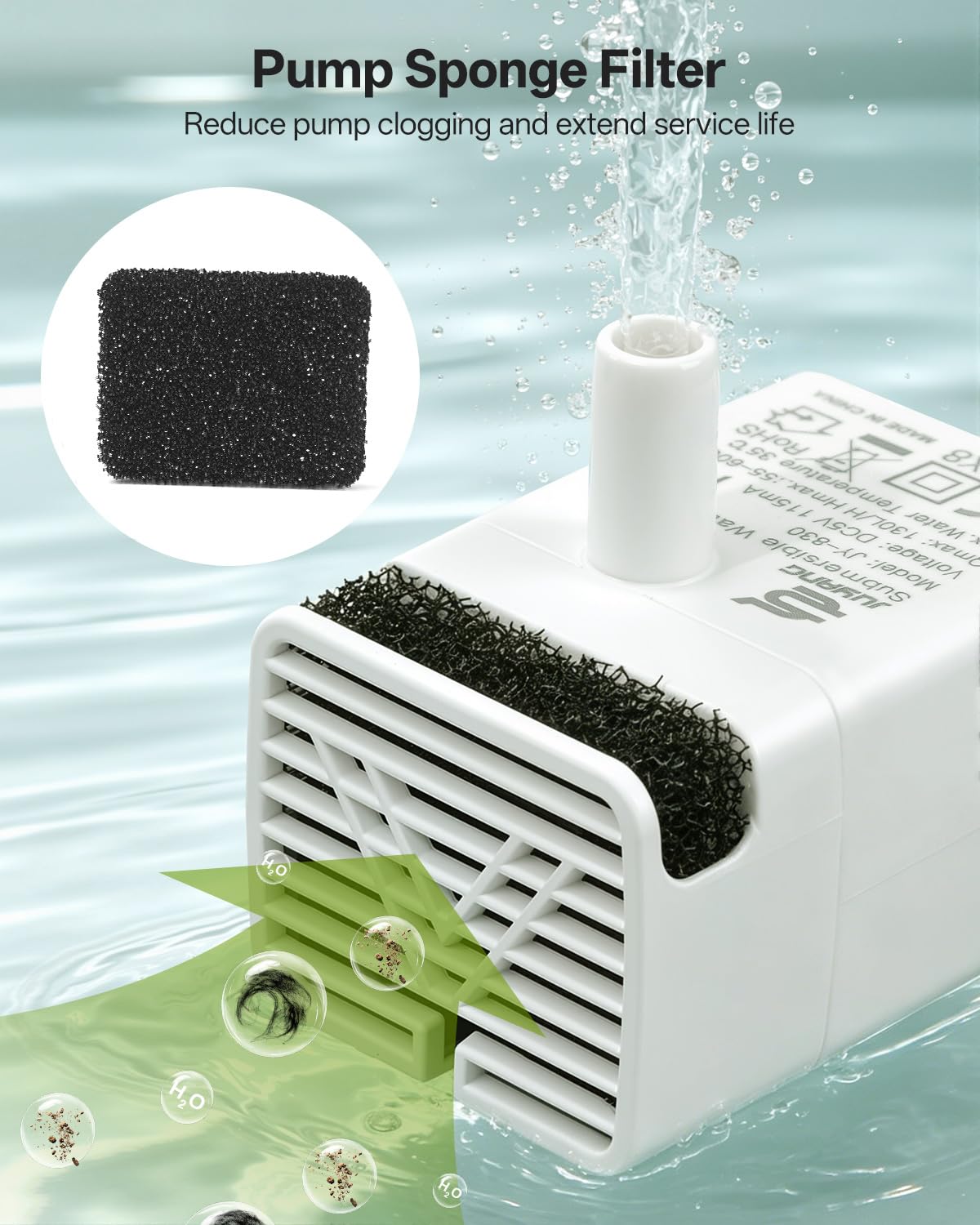 JY-830 Pompa sommergibile universale per molte fontane per animali domestici in acciaio inox, pompa ad acqua per gatti ultra silenziosa, motore USB, cavo da 1,50 m, IPX8, bassa potenza, lunga