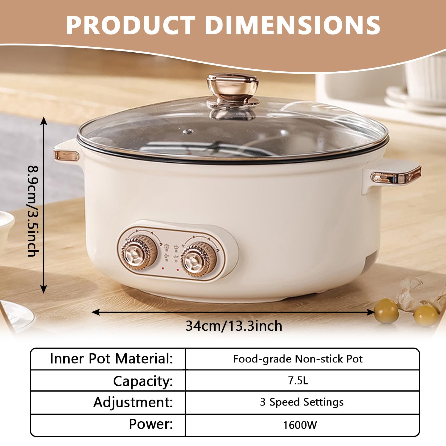 Hot pot électrique, 7,5 L Double Récipient avec Deux Régulateurs, 1600 W, Mijoteuse électrique avec Cloison de Séparation - 3 Vitesses, Hotpot Multifonctionnel pour Rôtir, Préparer des Ramen