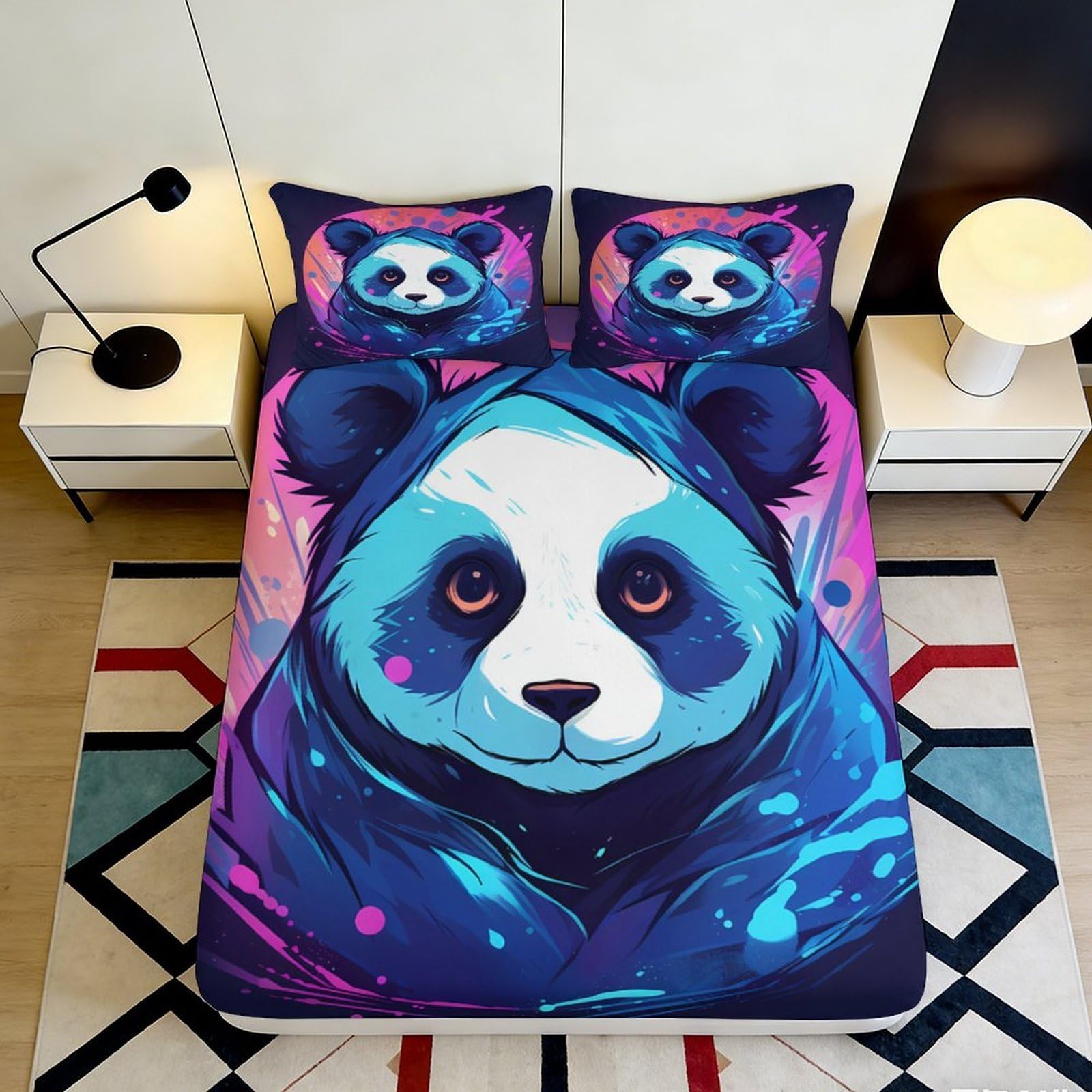 3D Printed Neon Panda Fitted Sheet Microfiber Breathable Blue Purple Animal Bed Cover for Bedroom Dorm Decor 90x200x25cm