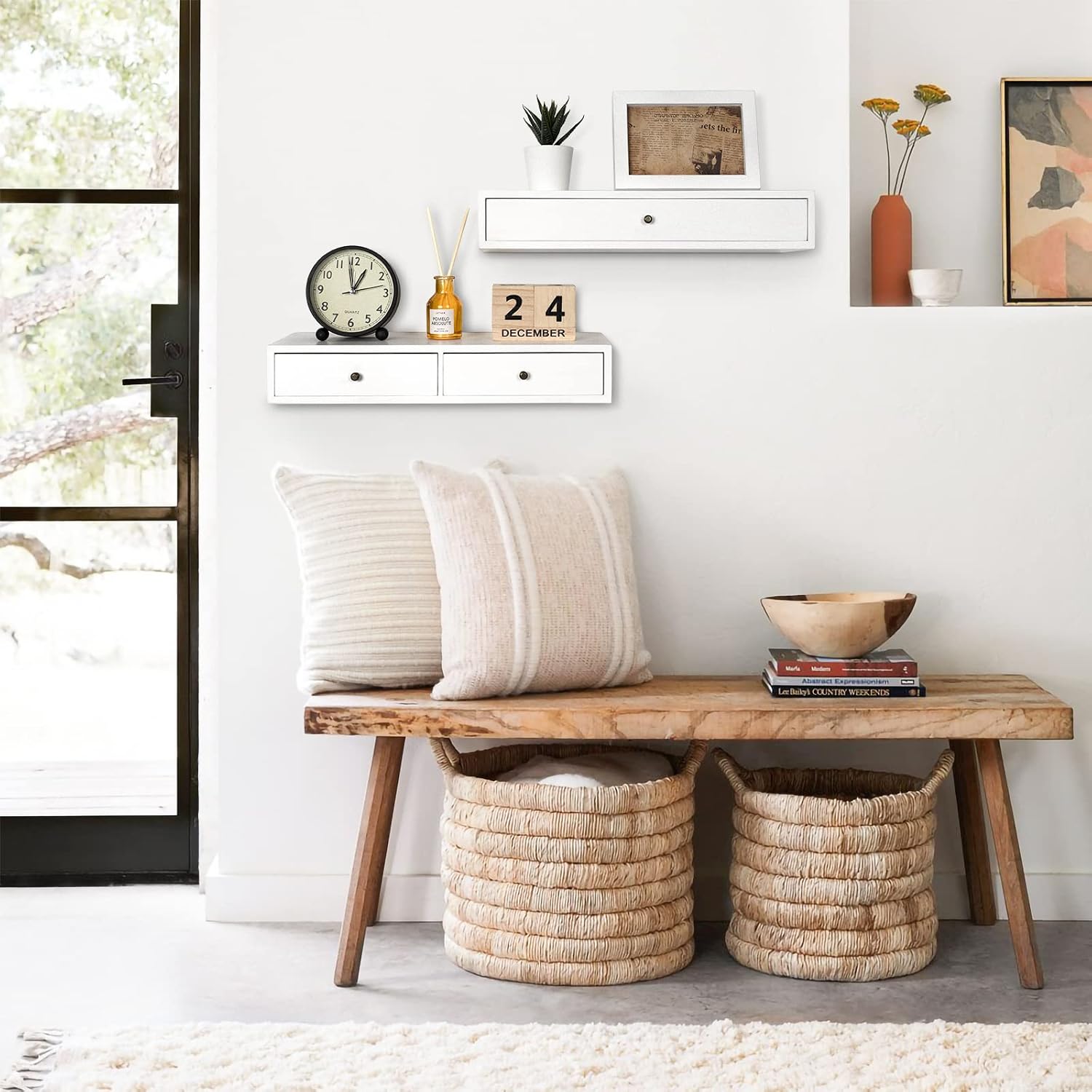 Emfogo Floating Shelf with Drawer Small Floating Nightstand Wall Mounted Rustic Wood Wall Shelves for Storing Displaying Multiue Shelf Pack of 2