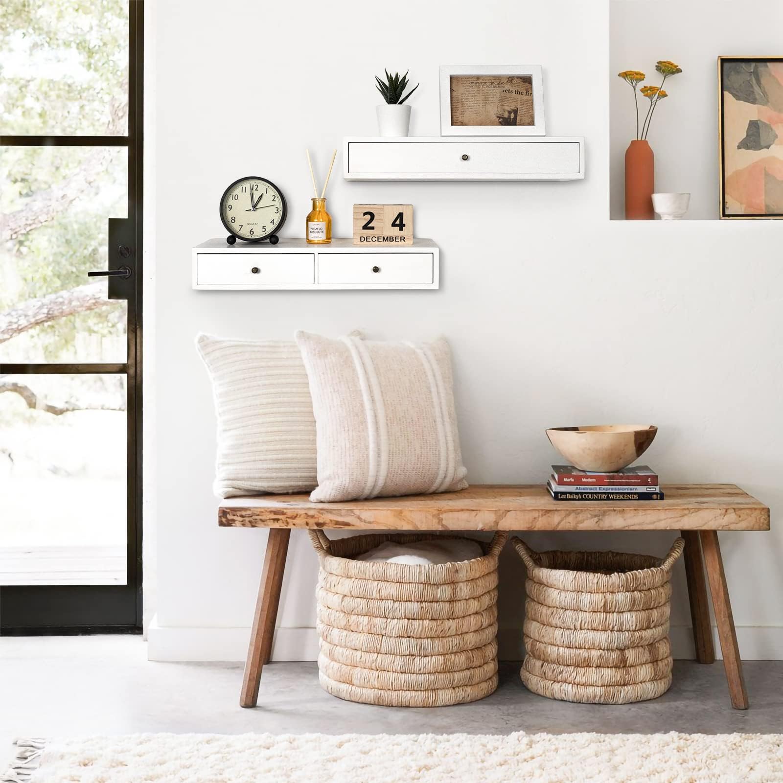 Emfogo Floating Shelves for Wall Storage, Rustic Wood Floating Drawers Multiuse as Floating Nightstand, Farmhouse Wall Shelves for Bedroom, Living, Kitchen, Office (Set of 2, White)