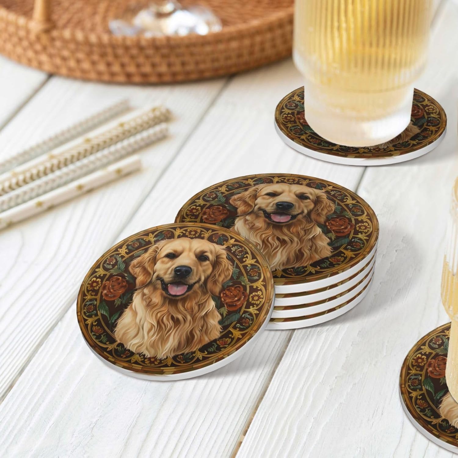 Set of 4 Golden Retriever Ceramic Drink Coasters, Water Moisture Absorbing Dog Coasters Condensation Bar Patio Table Cupholder Stoneware Coasters with Cork Backing for Dog Mom/Dad/Lover