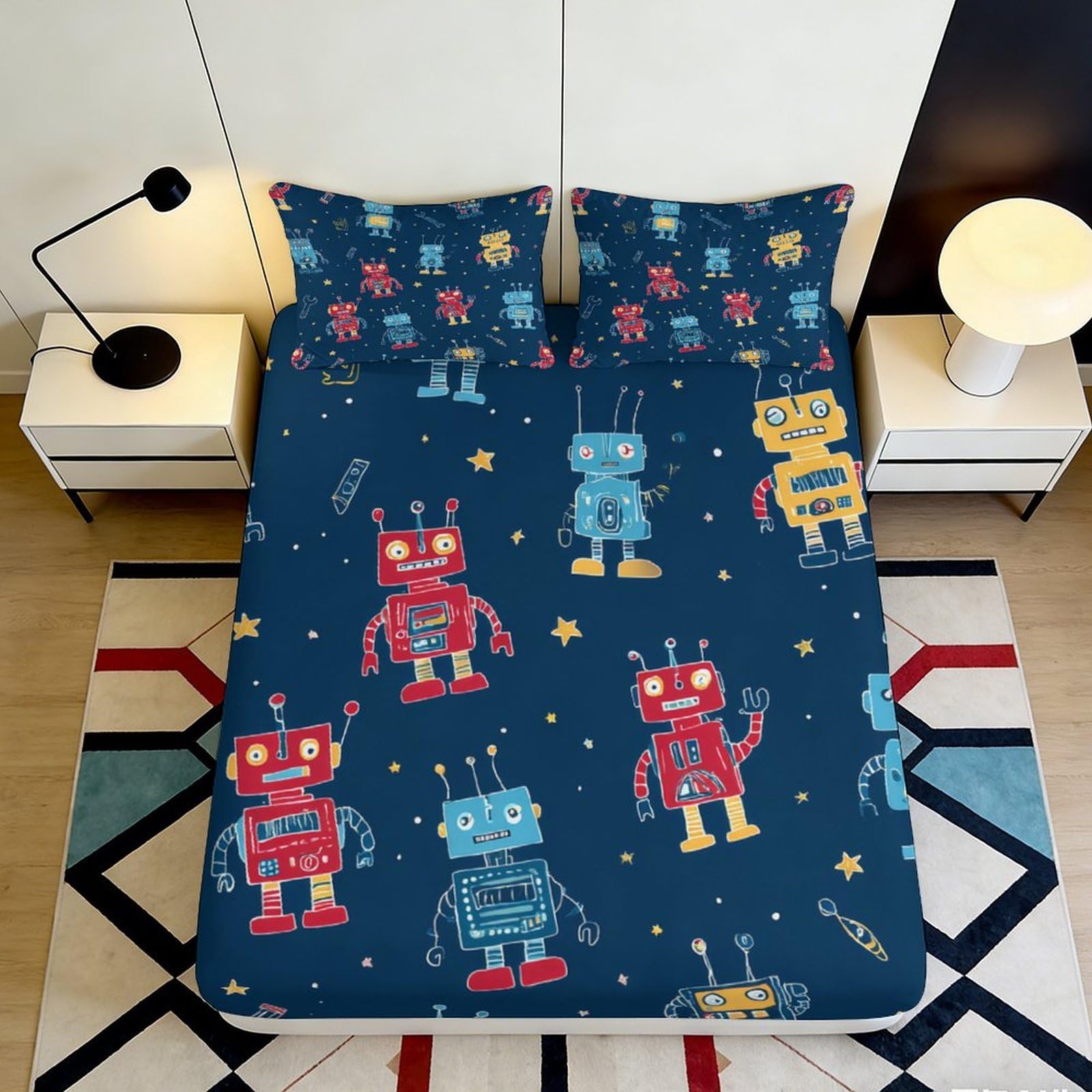 3D Printed Cartoon Robot Fitted Sheet Microfiber Blue Space Theme Mattress Cover for Bedroom Dorm Apartment Decor 90x200x25cm