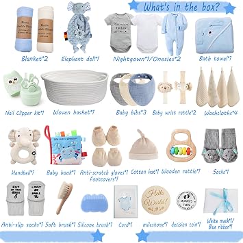 30-Piece Baby Shower Gifts for Boys, Newborn Essentials Must Haves,Large Baby Boy Gift Basket Set Essential Stuff,Gender Reveal Gifts,Rattle Swaddle,Blue,Baby Registry Search,Diaper Caddy Organizer