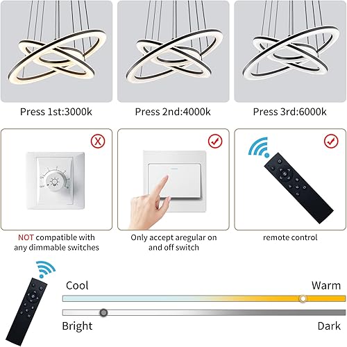 Miniatura 5 de O'NEELDY Lámpara colgante regulable de 3 anillos para comedor, 56 W, color negro, moderna lámpara de araña con entrada remota con cable de 47