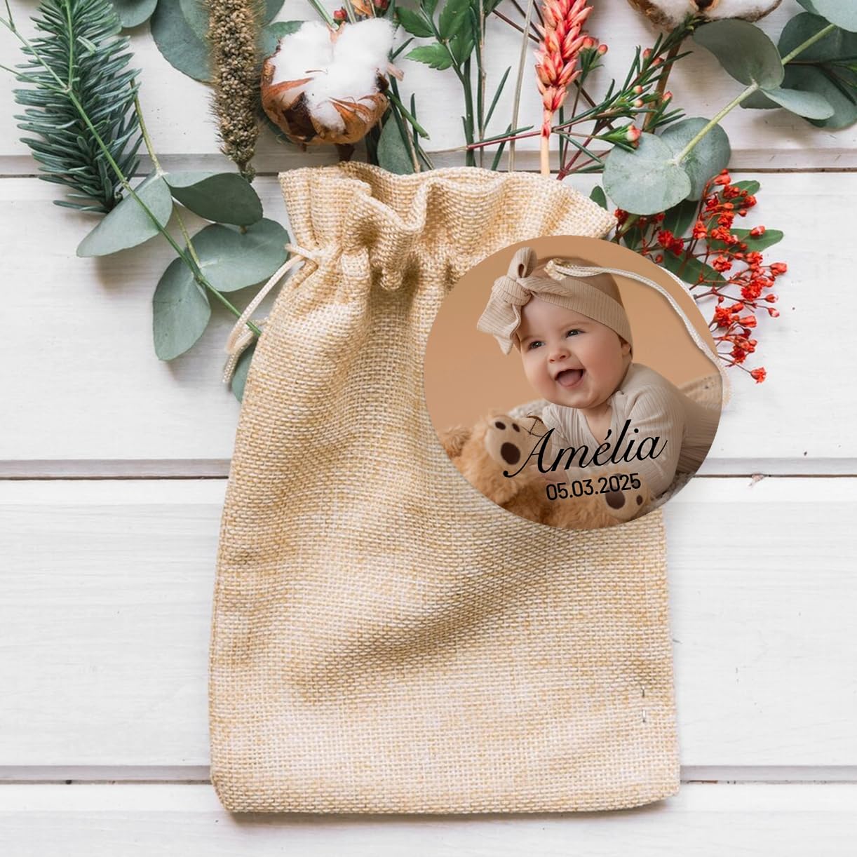 Étiquettes personnalisées rondes photo baby shower naissance baptême 3,7cm 4,5cm mat brillant perforées cadeaux invités
