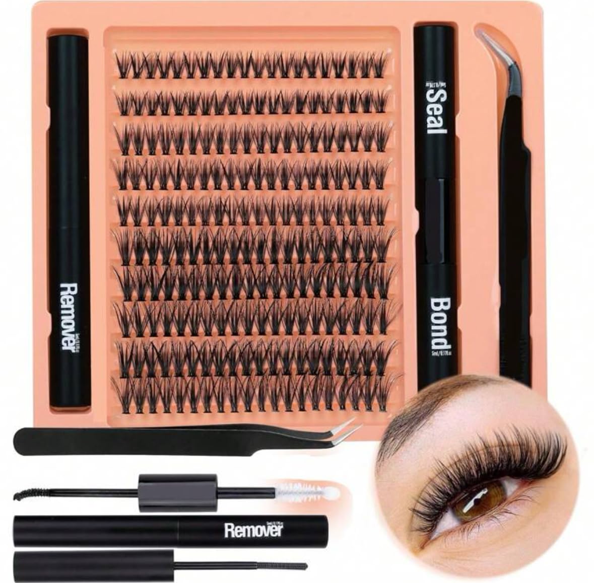Suerte200pcs DIY Eyelash Extension Kit 3D Lashes 9-15mm Black Individual Lashes Kit With Lash Bond & Sealer, Clump-free Cluster Lashes Kit With Remover & Applicator, For DIY At Home