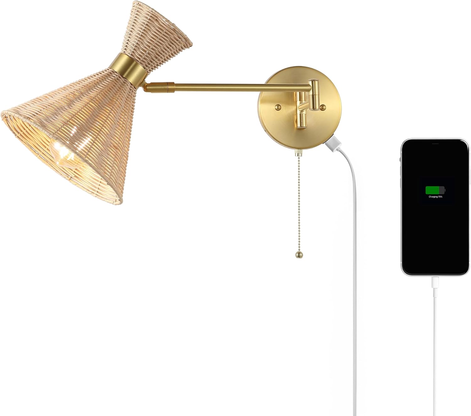 JONATHAN Y 25" Brass Gold 1-Light Mid-Century Swing Arm LED Sconce with USB Port, Pull Chain Vintage Wall Lamp for Bedroom Living Room Decor, Light Brown Rattan Shade, LED Bulb JYL1603A