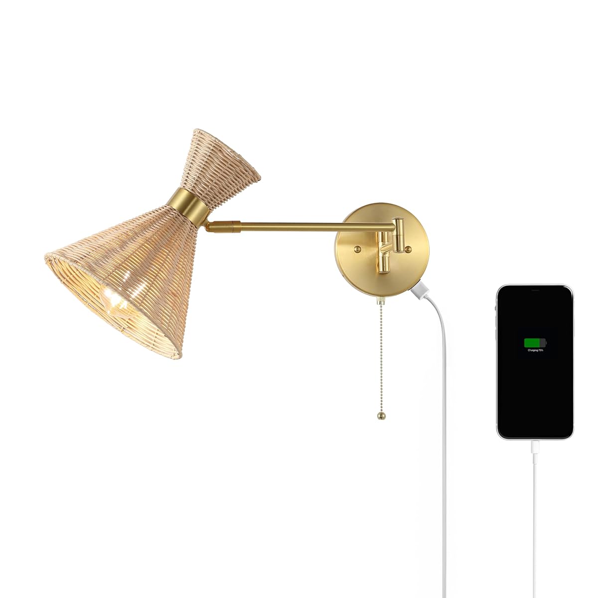 JONATHAN Y 25 Brass Gold 1-Light Mid-Century Swing Arm LED Sconce with USB