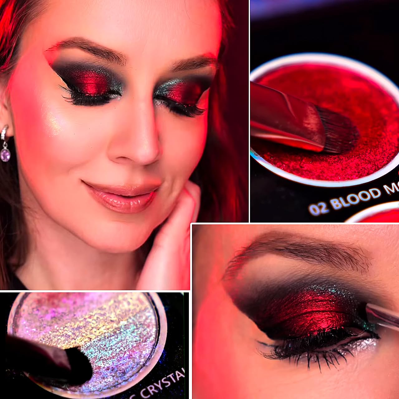Paleta de sombras de ojos multicolor rojo y azul, sombra de ojos brillante plateada metálica de alto pigmento para maquillaje gótico, payaso/bromista ahumado, camaleón vegano de larga 3