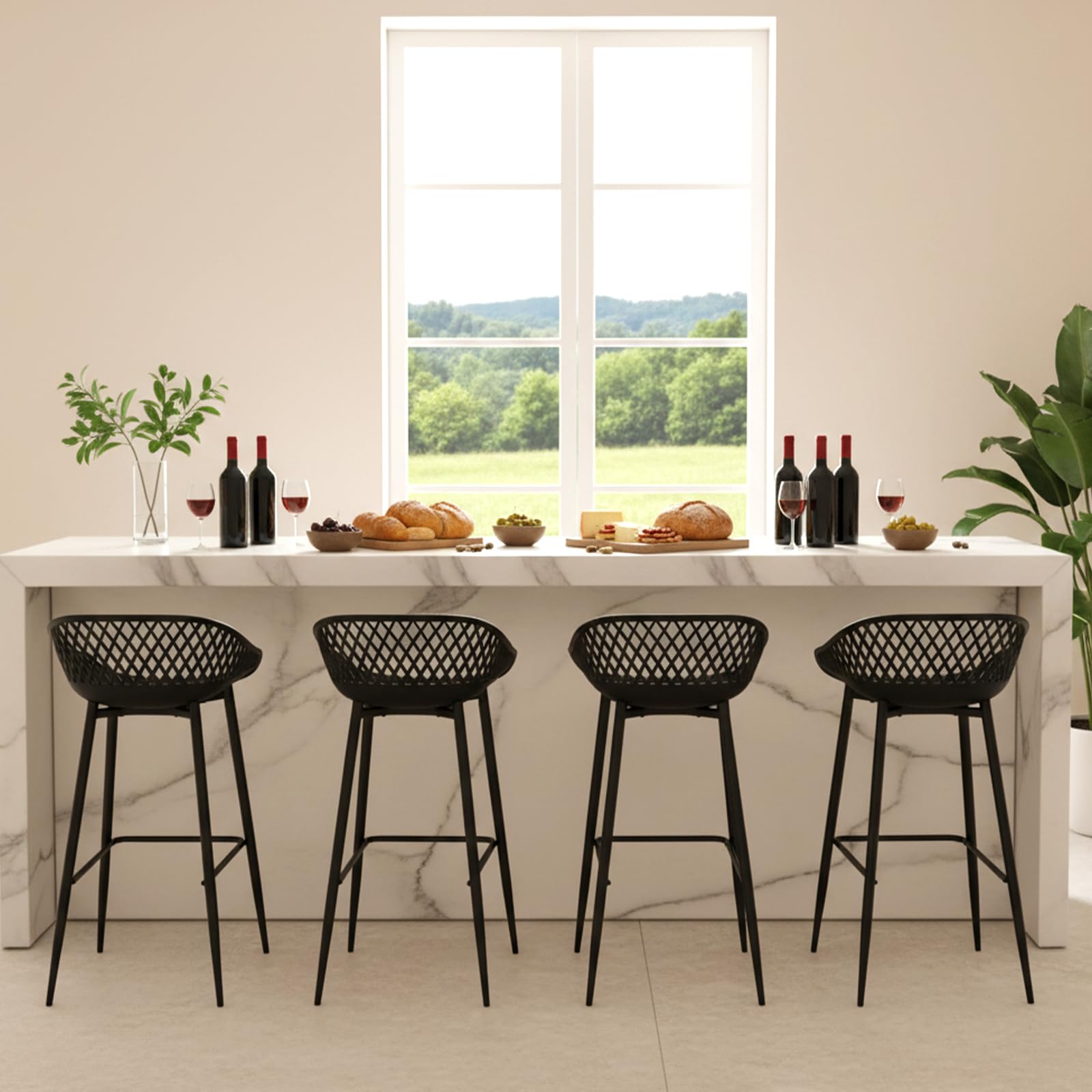 buybyroom Ensemble de 4 Tabourets de Bar avec Dossier, Ergonomiques et Réglables en Hauteur pour Cuisine, Restaurant, Comptoir - Noir (Style 1)
