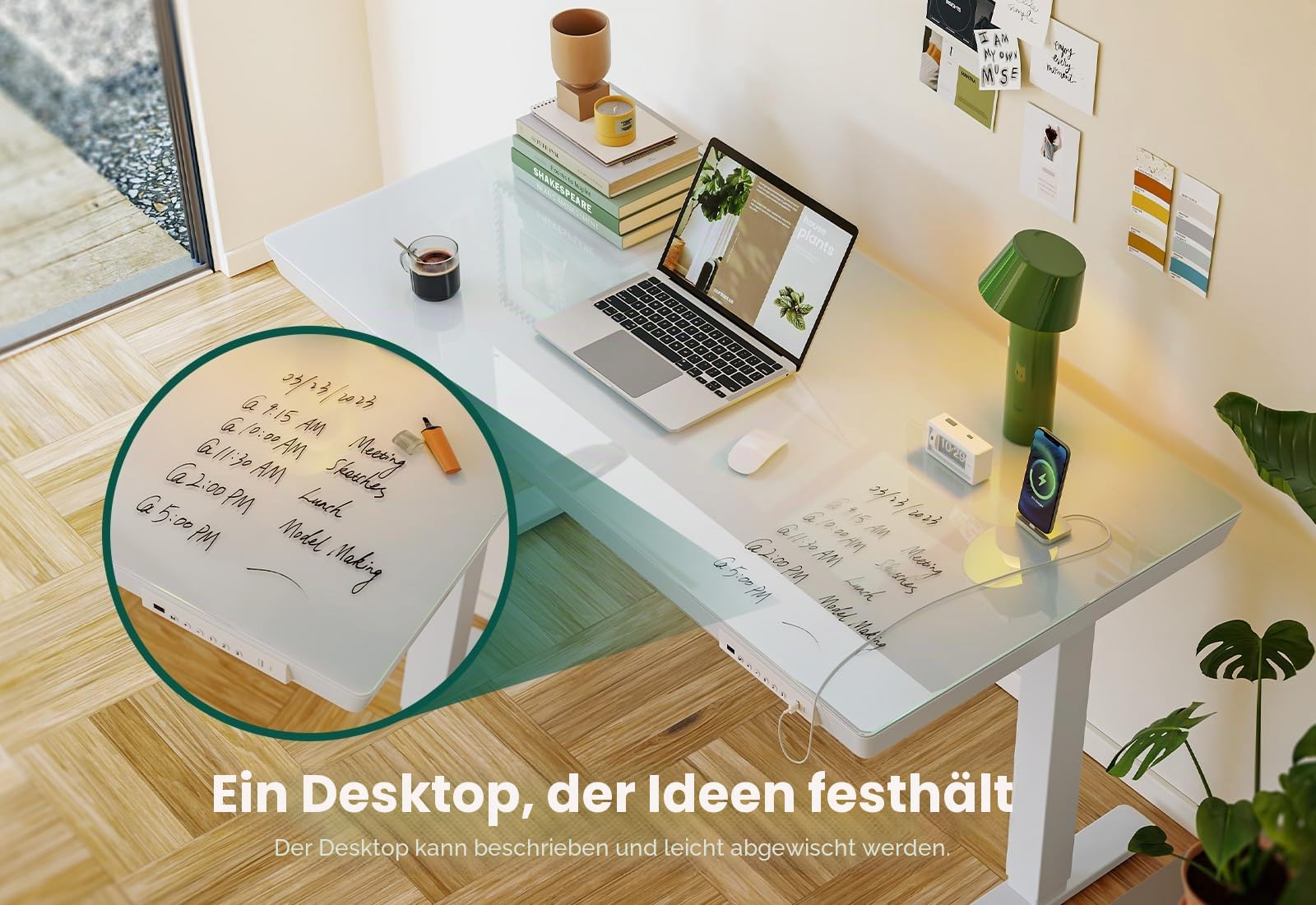 FEZIBO Elektrischer Stehschreibtisch mit Glasplatte, höhenverstellbar, 140 x 60 cm, Homeoffice-Tisch, mit USB-A- bis C-Ladeanschluss, Weißer Rahmen/Weiße Tischplatte