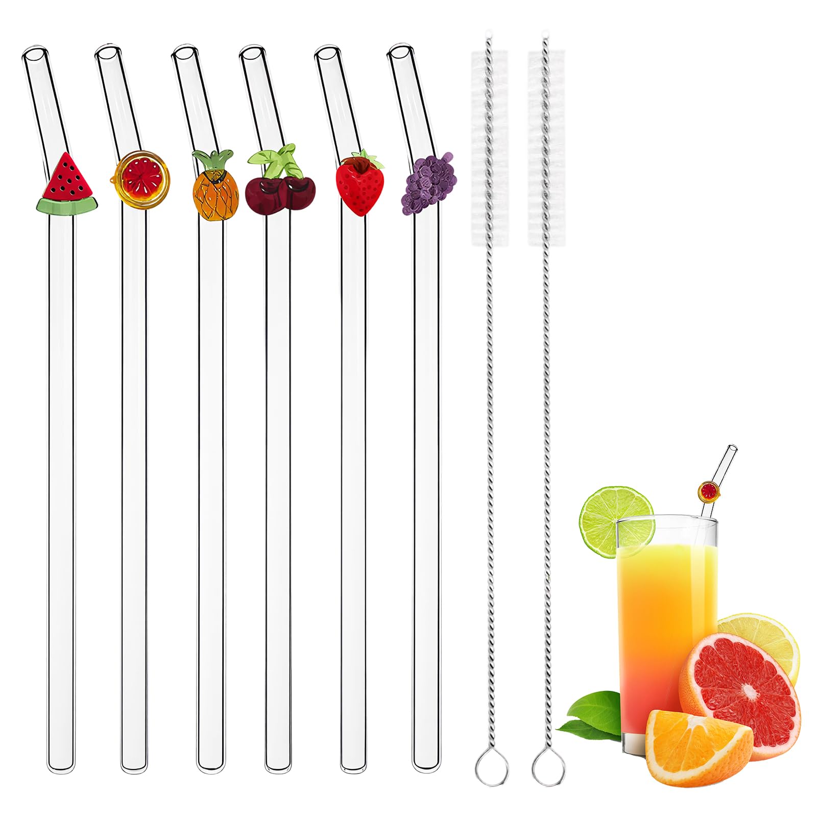 6 Pcs Reusable Glass Straws with Charms, Easy Cleaning Clear Glass Straws, 2 Long-Handled Cleaning Brushes Included, Shatter-Resistant Drinking Straw for Home Parties Picnics Travel and Office (A)