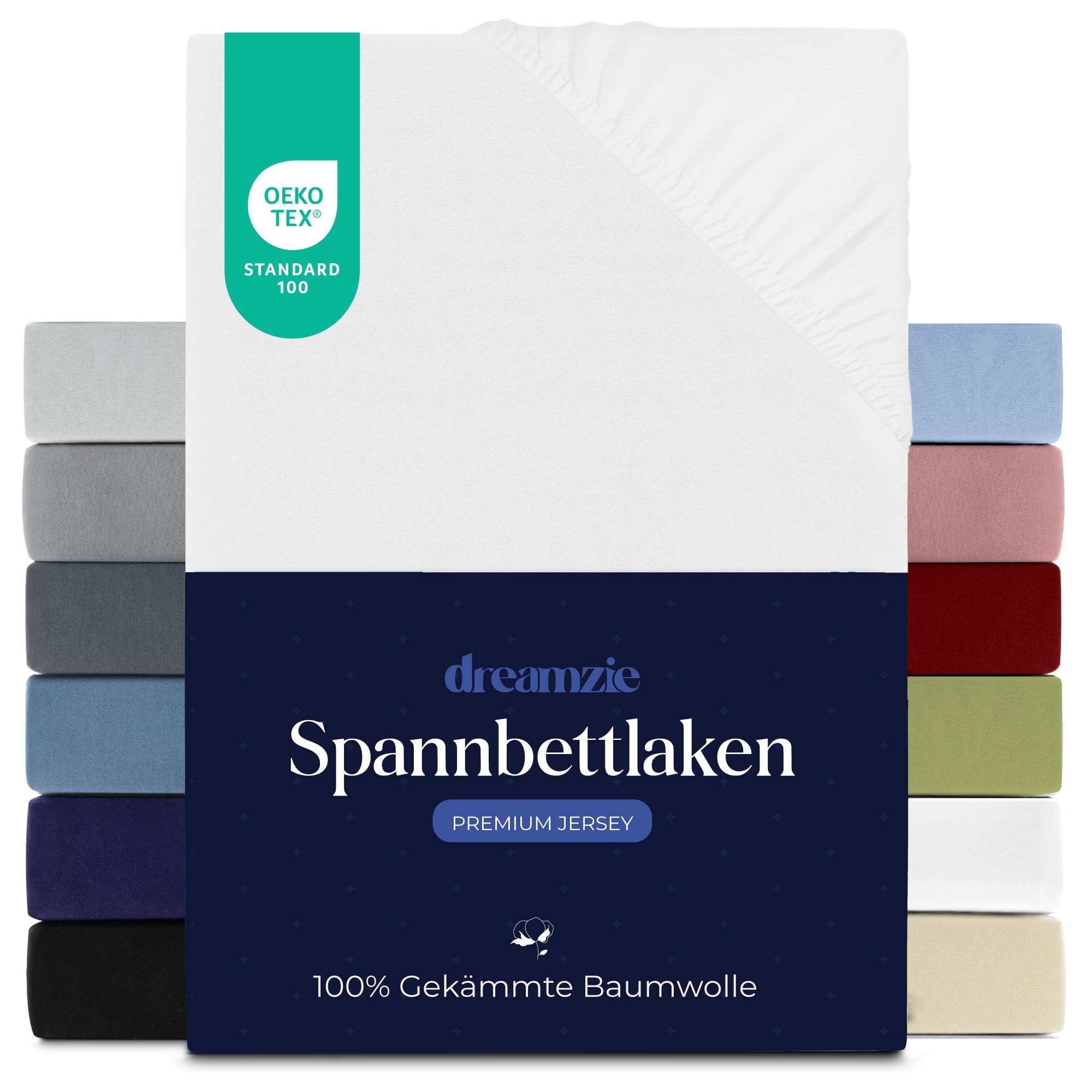 Dreamzie Premium Spannbettlaken 200x200 cm, Spannbetttuch für Dicke Matratzen bis zu 27 cm, Bettlaken 100% Jersey Baumwolle, 150 g/m², Oeko-TEX Zertifiziert - Weiß