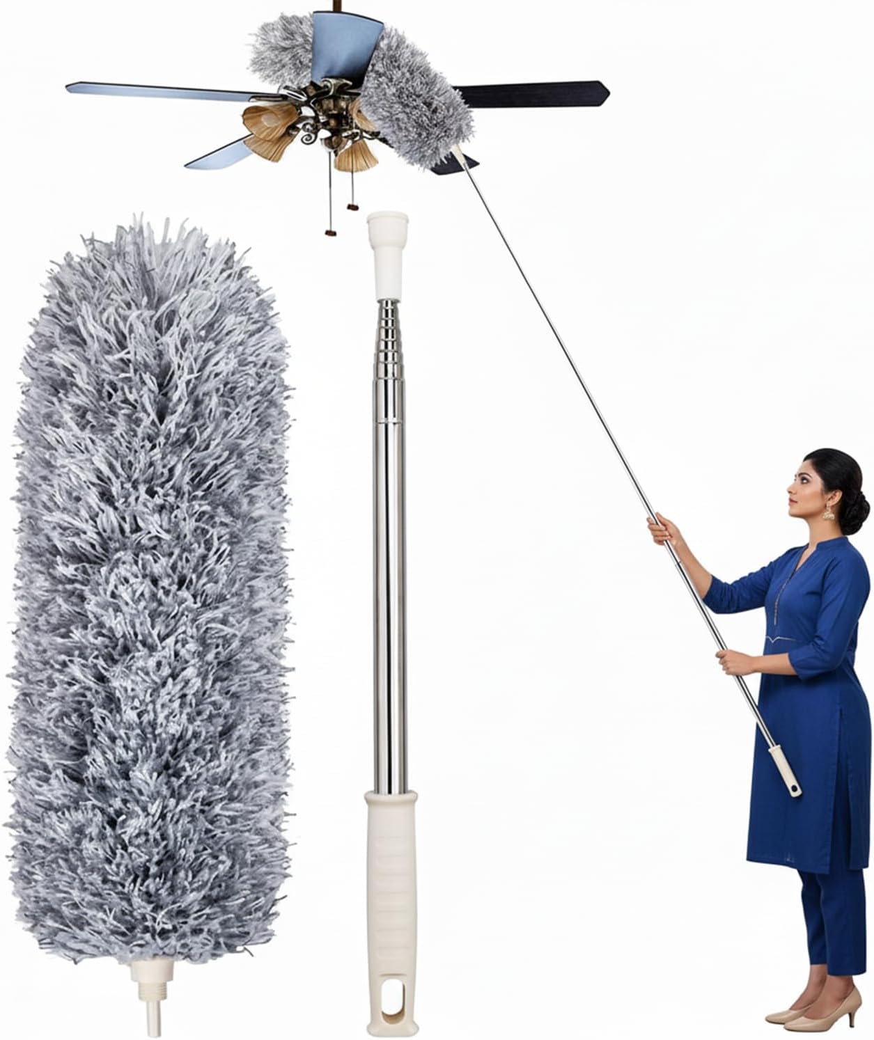 Microfiber Feather Duster Bendable & Extendable Fan Cleaning with 100 inches Expandable Pole Handle for High Ceiling Fans,Window Blinds, Furniture (3)