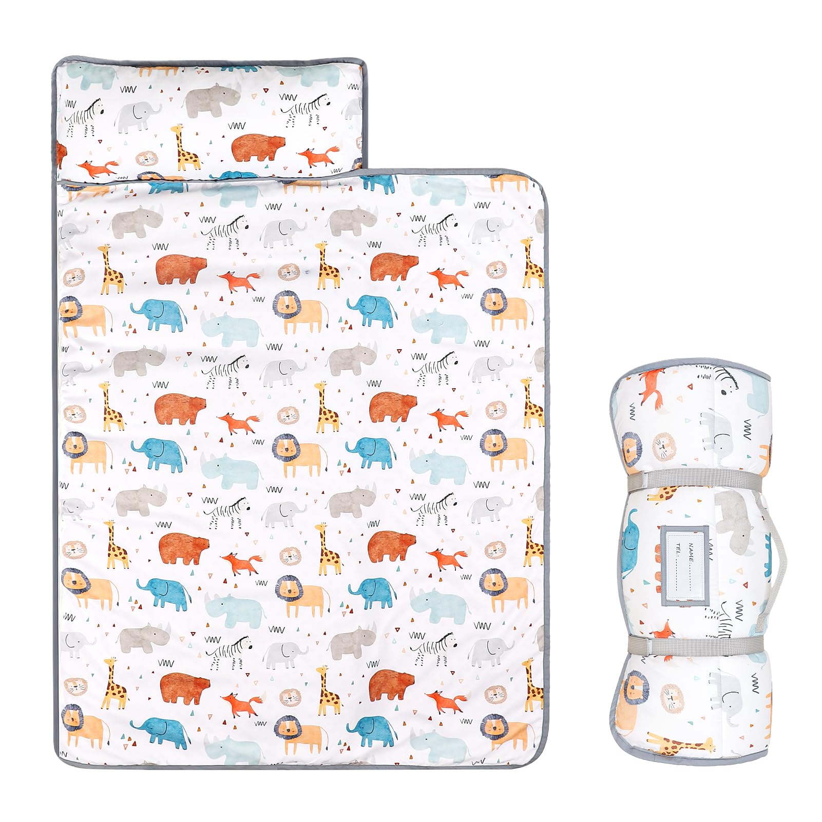 ManFaiSky Toddler Nap Mat for Preschool, Kids Sleeping Mat with Removeable Pillow and Minky Dot Blanket, Kids Sleeping Bag for Boys Girls, Detachable Zipper, Animals