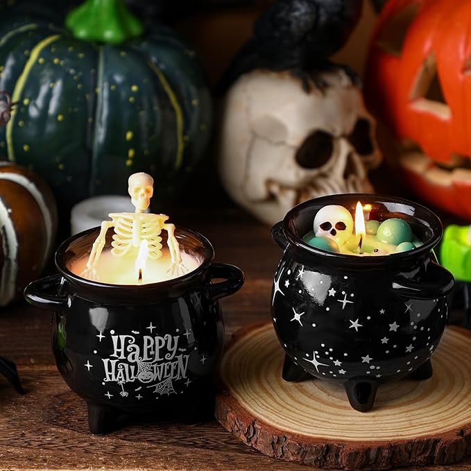 2 Pcs Halloween Decorations Indoor Halloween Skeleton Candle Skull Candle Gothic Vintage Home Decor Gifts Witch Cauldron Scented Party Birthday Decoration Spooky Farmhouse Table Decor