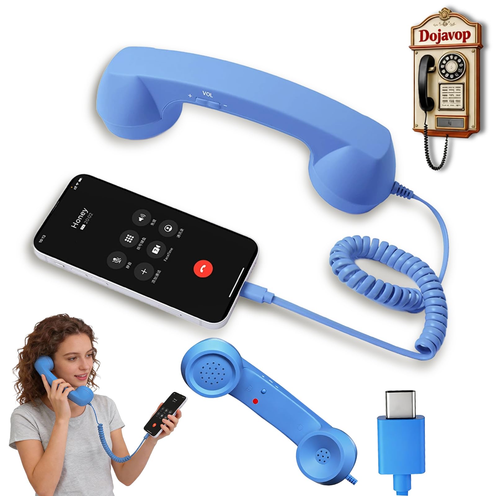Retro Phone Handset Home Decor Aesthetic for iPhone Landline Rotary Phone for Home Pop Corded Telephone Handset for Cell Phones Connect to House Old School Vintage Telephone Receiver (Blue)