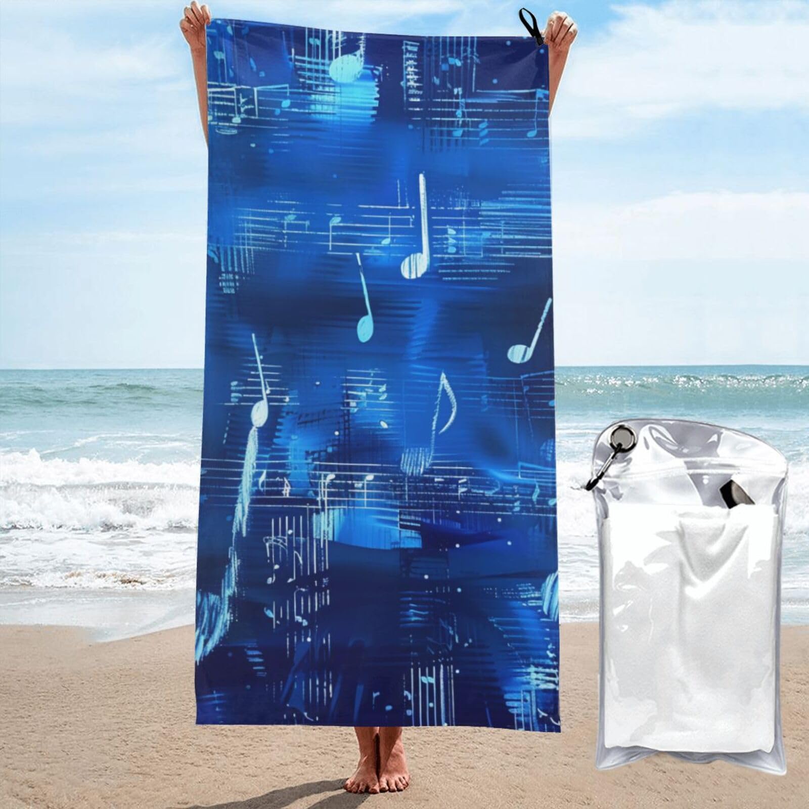 BWWHCCTI Blue Musical Notes Printed Microfiber Quick Dry Beach Towel 80x160 CM, Fast Drying Bath Towels with Bags for Travel,Camping,Gym,Beach,Swimming,Yoga
