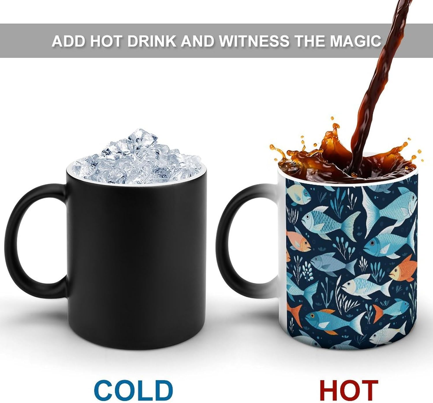 Color Changing Mug Fishes Pattern Printed Ceramic Coffee Mug Heat Changing Sensitive Mug Magic Heat Changing Coffee Mug Novelty Coffee Mugs
