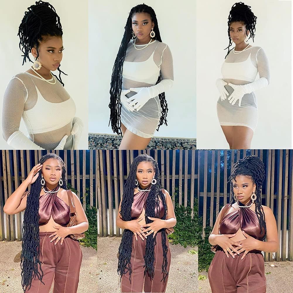 Xtrend 7 Packs 30 Pouces Nu Faux Locs Crochet Cheveux Longs Brun Foncé Pré-bouclé Déesse Faux Locs Tresses Extensions de Cheveux 1B