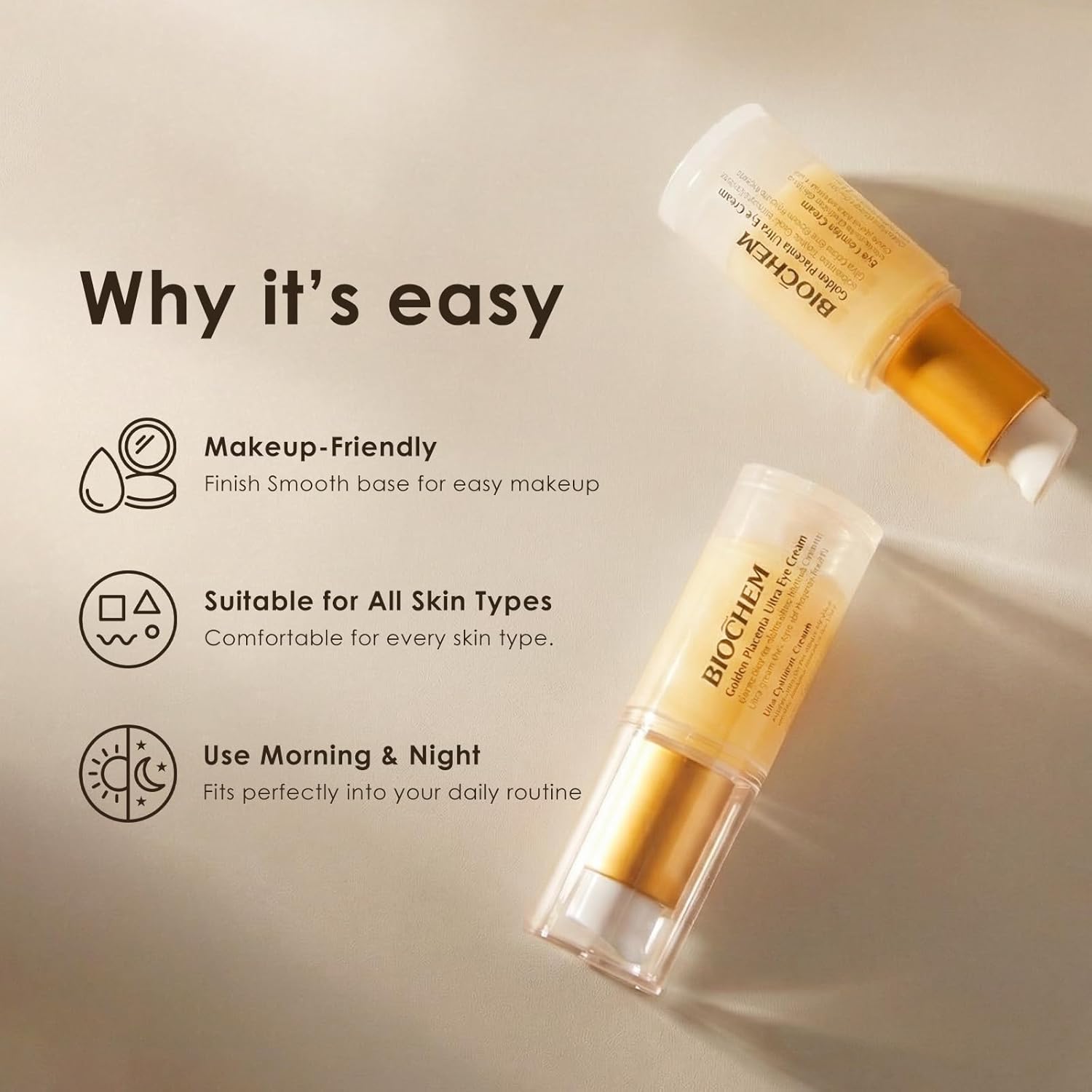 BIOCHEM Golden Placenta Ultra Eye Cream, Luxury Under Eye Repair Treatment for Circles, Puffiness, Anti Aging, Wrinkles Care, Skin Laxity, Crows Feet, Eye Bags for Women & Men(0.51 fl oz / 15 mL)