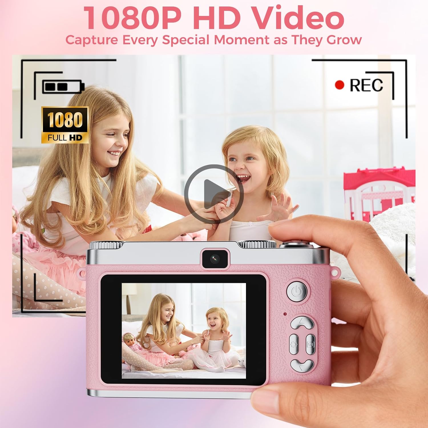 Upgrade Kids Selfie Camera, HD Digital Video Cameras for Toddler, Portable Toy for 3 4 5 6 7 8 Year Old Girl with 32GB SD Card-Pink - Image 3