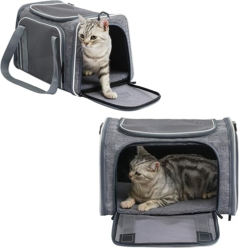 Vista 28 de X-zone Pet - Transportador de mascotas aprobado por aerolíneas, suave cara, plegable, transportador de viaje para mascotas y gatos medianos, M, Azul