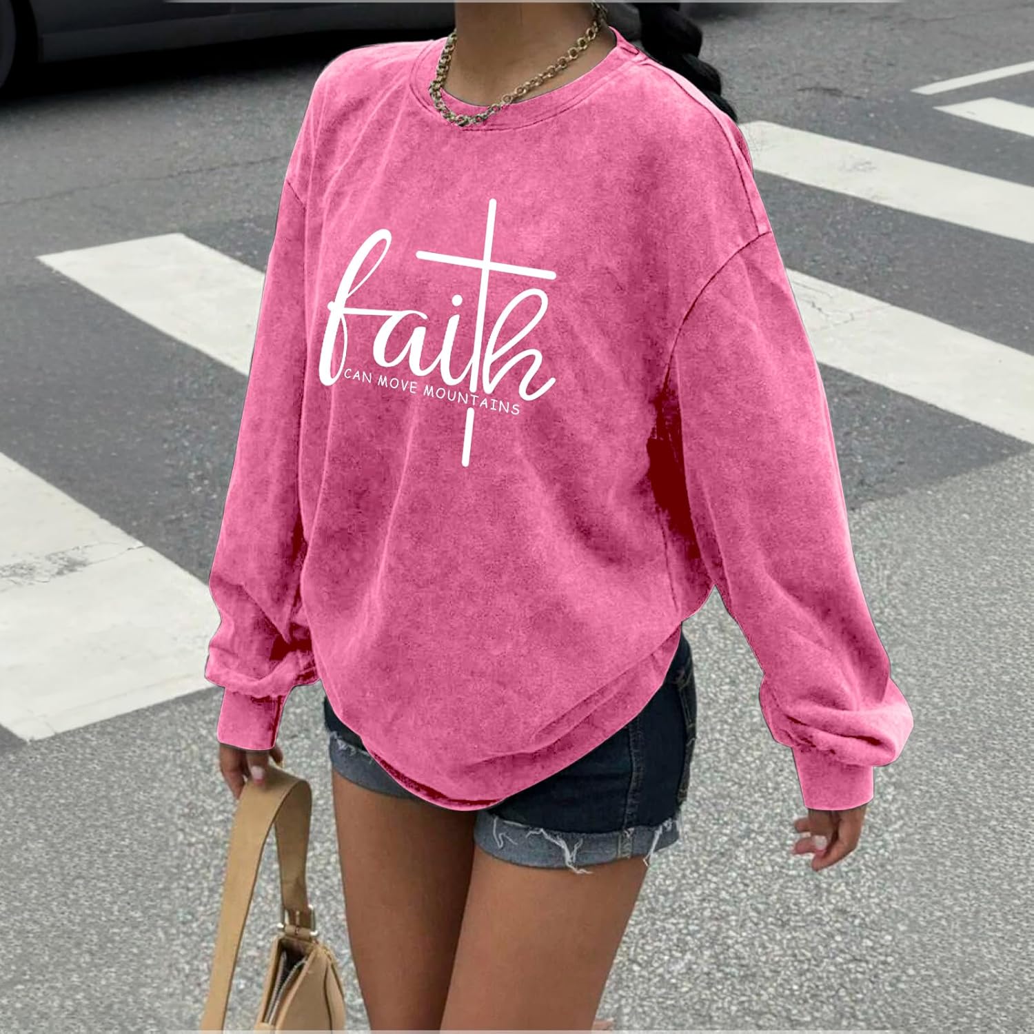 Christian Shirts for Women Faith Can Move Mountains Acid Wash Shirt Jesus Religious Bible Verse Long Sleeve Top - Image 5