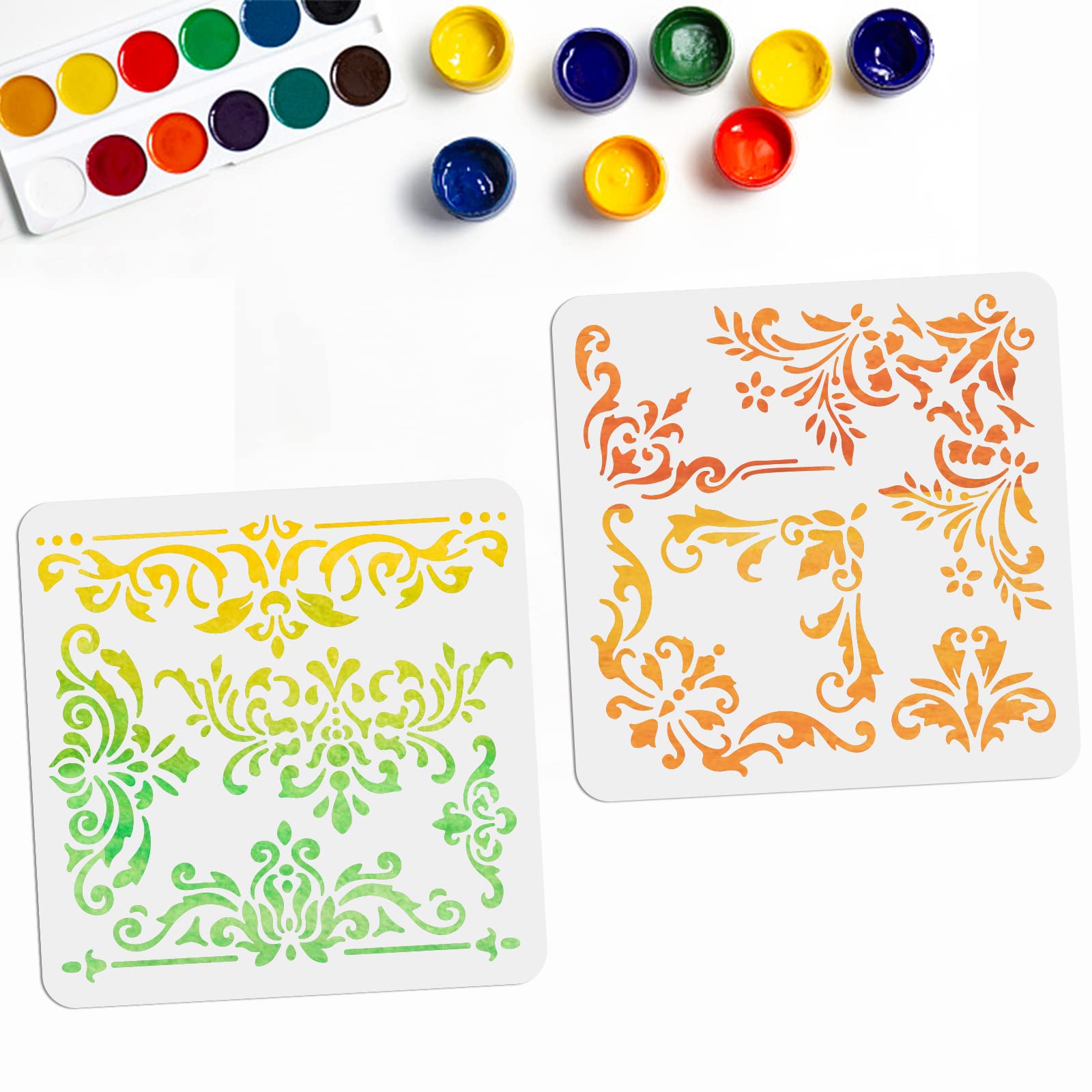 MAYJOYDIY 2pcs Flower Border Stencils Vintage Floral Stencils for Painting 30 × 30cm DIY Decorative Stencil Washable Walls/Floors/Fabrics/Glass/Journal Stencil Template