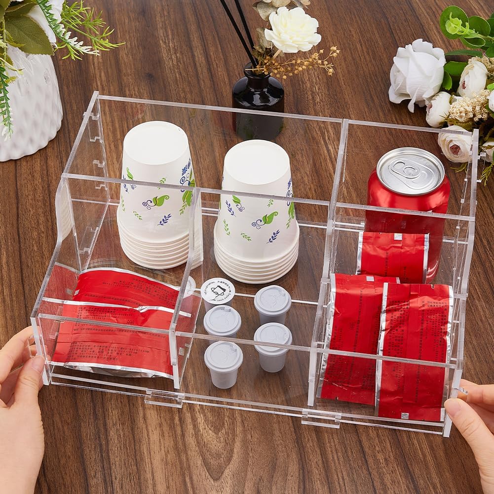 DICOSMETIC 1Pc Acrylic Coffee Bar Organizer Station Clear Coffee Pod Caddy Holder Countertop Accessories Storage Organizer Paper Cup Caddy with 6 Compartments for Tea Cup Stirrers Kitchen Condiments