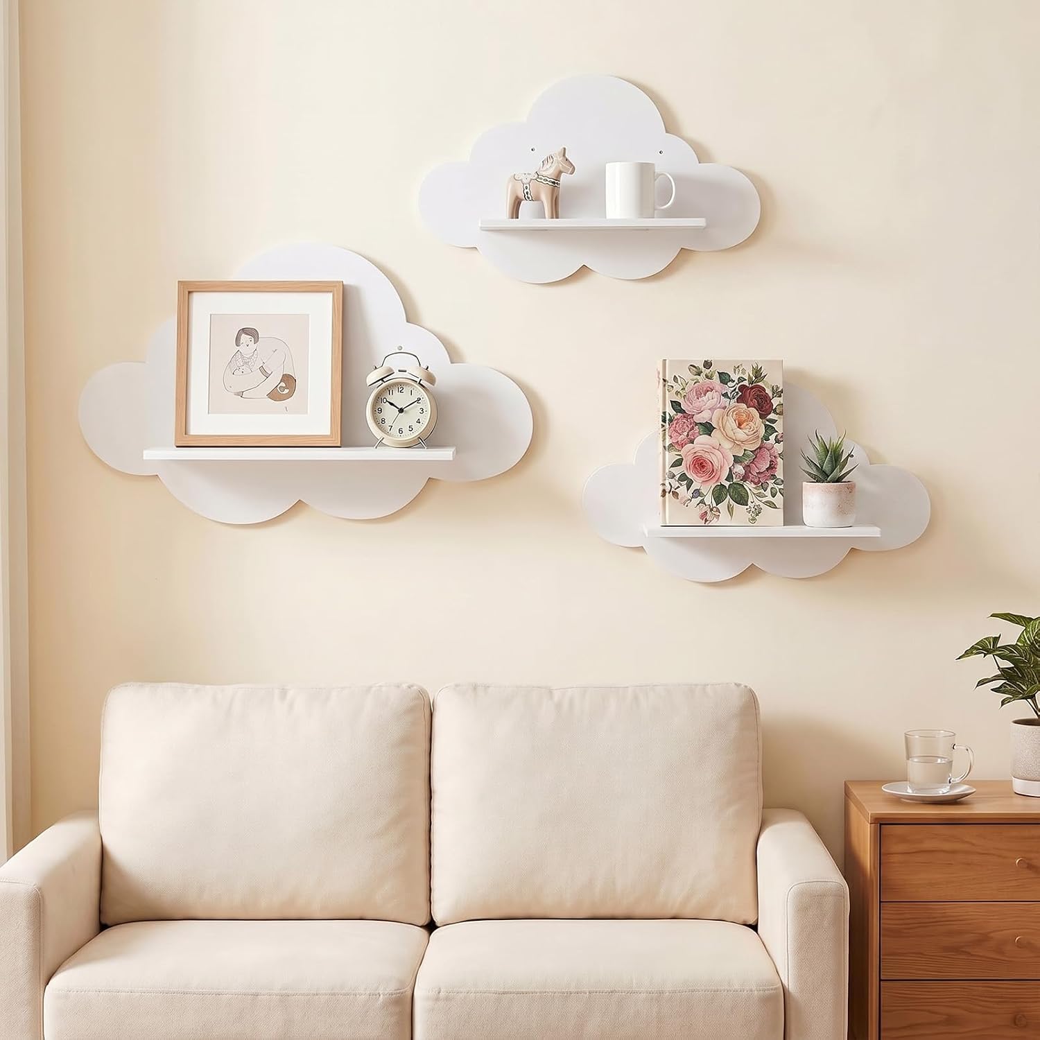 3 Pcs Floating Cloud Shelves for Wall, 3 Sizes Floating Shelves White Wavy Wooden Wall Decor for Nursery, Living Room, Bedroom, Kids Room