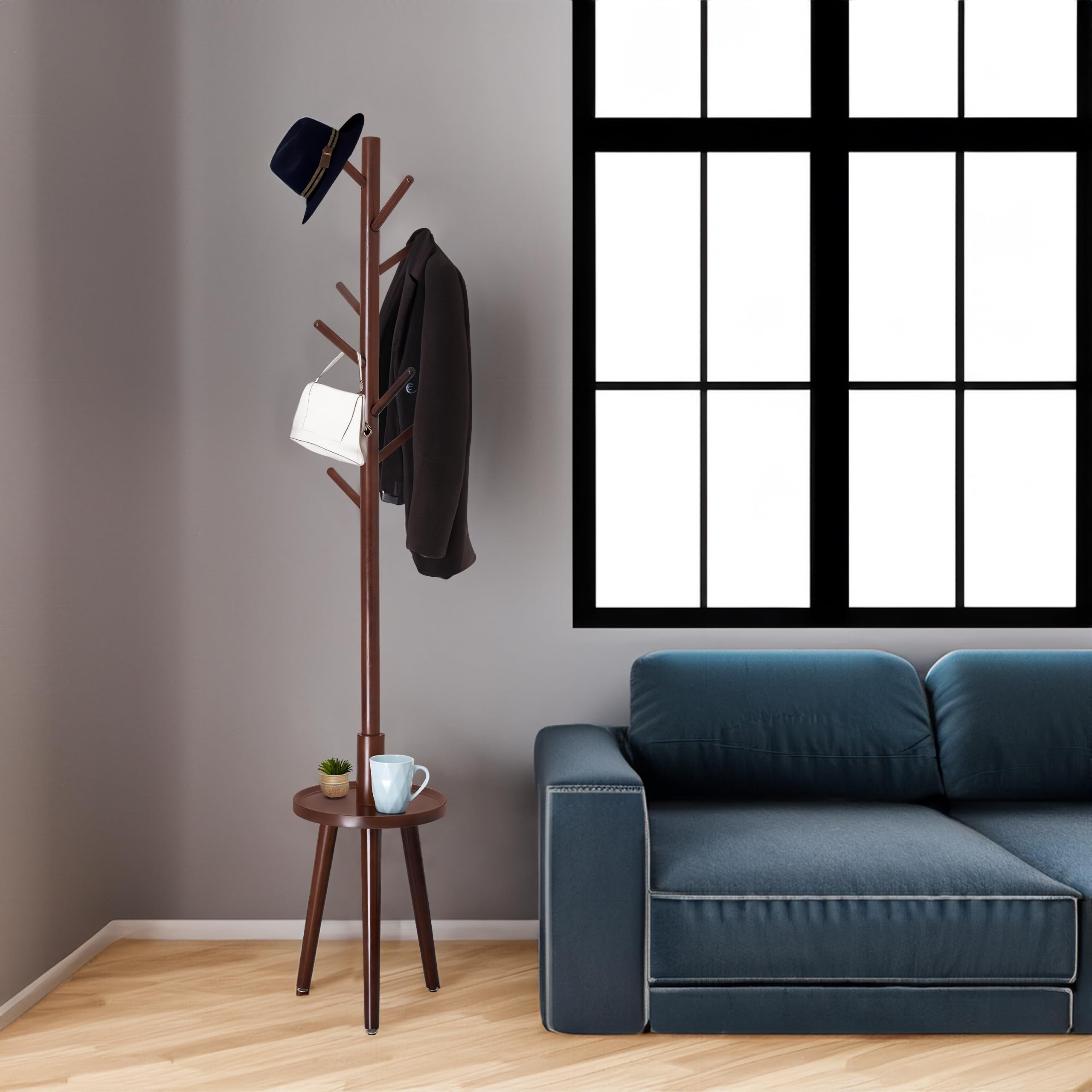 BARIEN Free Standing Wooden Coat Rack Stand, 8 Hooks FreeStanding Hat Racks with Shelf, 4 Height Options 50.7"-72.8", Used To Hang Clothes, Hats, Bags (Brown)