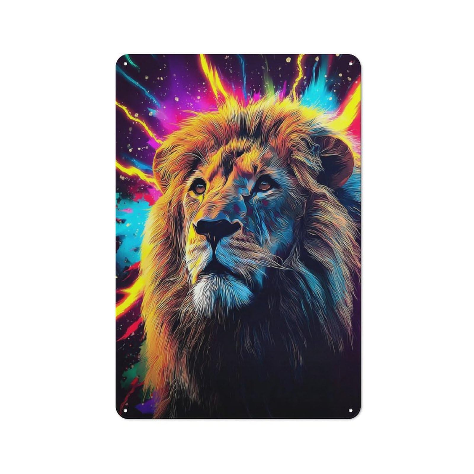 Simple Retro Colorful Lion Portrait Artwork Metal Wall Plaque 30x20cm, Creative Space Decor for Office, Study, Studio Or Hallway