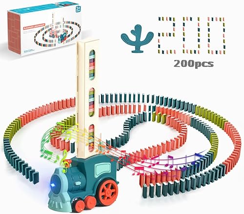 JEUXDOS Juego de tren de dominó automático de 200 piezas, juguete de tren de dominó con sonido y luz, regalos de cumpleaños para niños y niñas,