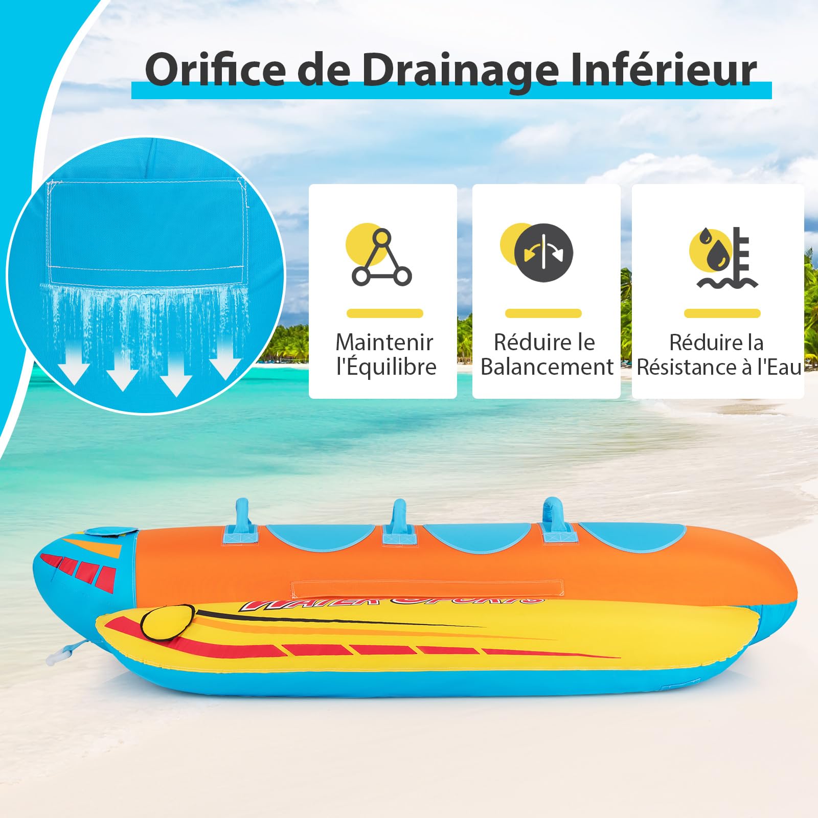 GOPLUS Bateau Banane Gonflable pour 1-3 Places, Flotteur Gonflable avec Housse Entièrement en Nylon, Capacité 231 Kg, Bouée de Loisirs Aquatiques Gonflables, Jeux d'eau Plage pour 14 Ans+
