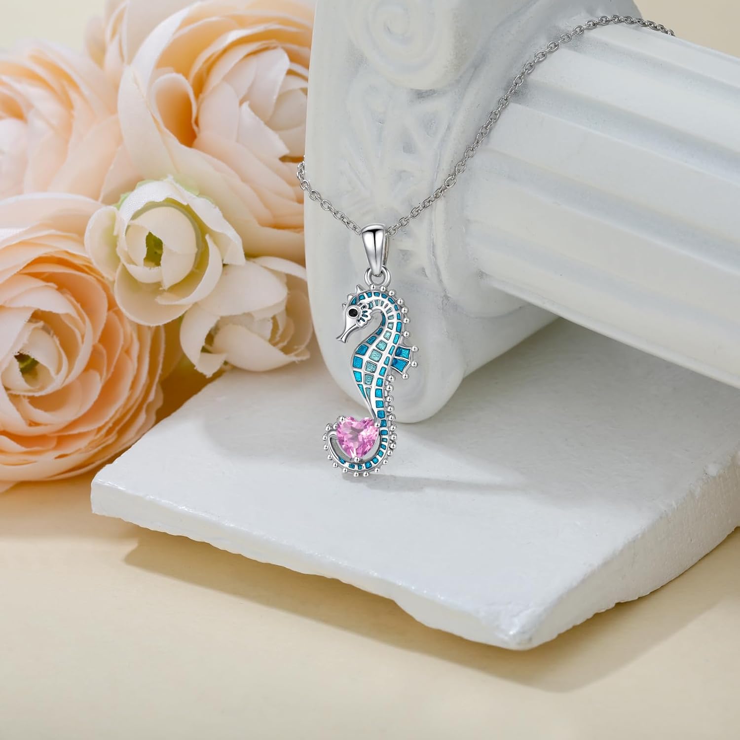 LONAGO Seahorse Necklace for Women 925 Sterling Silver Blue Seahorse Holding Heart Shaped Birthstone Pendant Necklace - Image 3