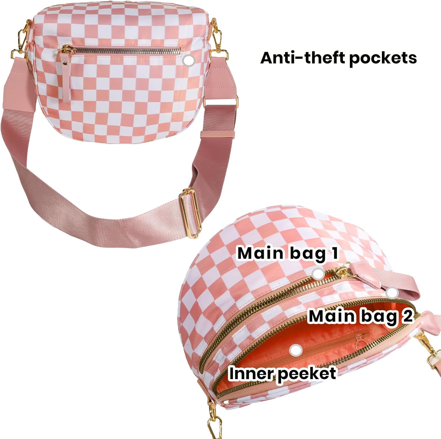 Checkered Crossbody Bag Bum Bags for Women, Spacious Nylon Fanny Packs Belt Wallet (pink checkered) - Image 5