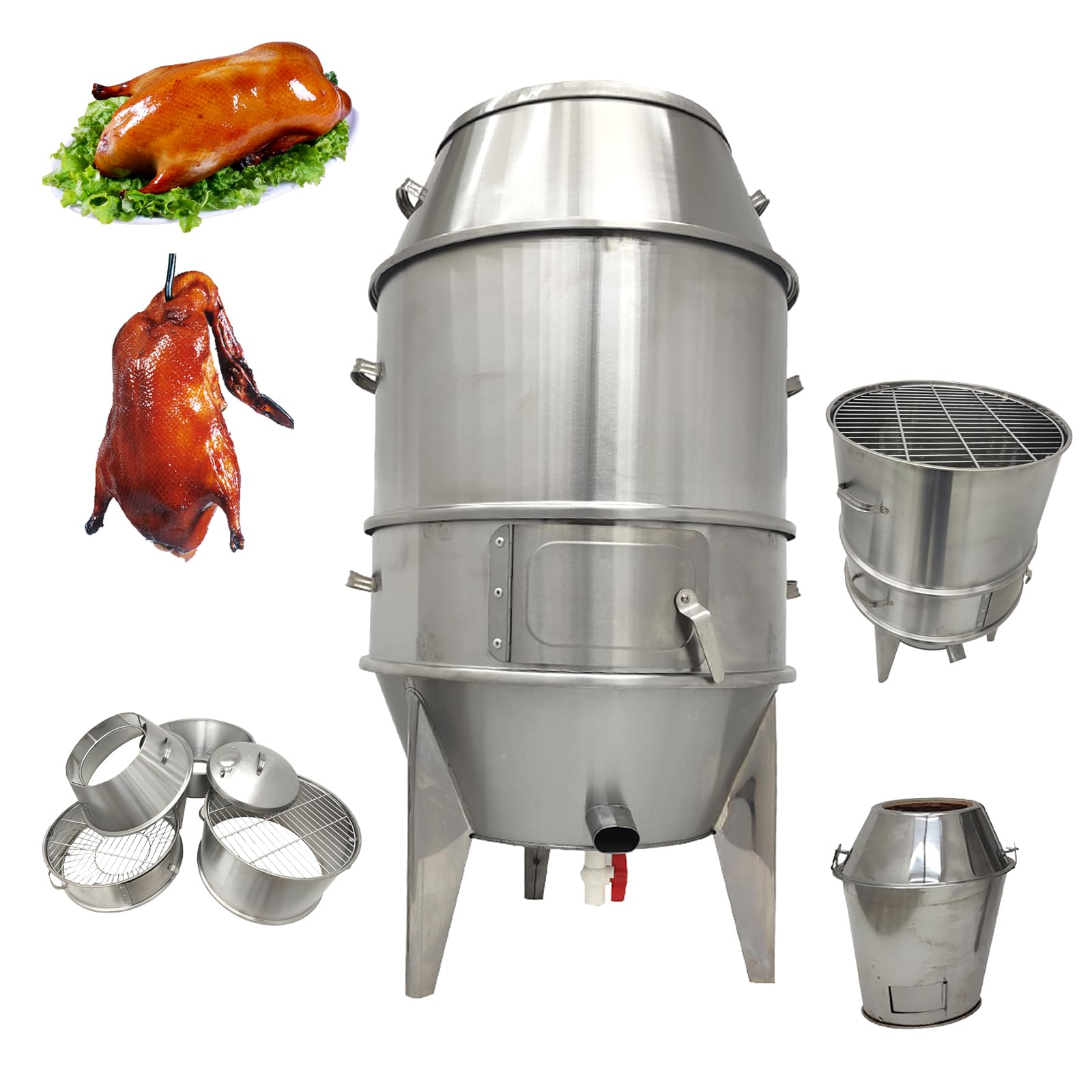 WYDDDARY Stainless Steel Charcoal Duck Roaster Commercial Barbecue Grill Duck Cookware Barbecue Grill with Removable Shelves and Hooks for Duck, Chicken, Pigeon, Fish and Vegetables Dia.23.6in