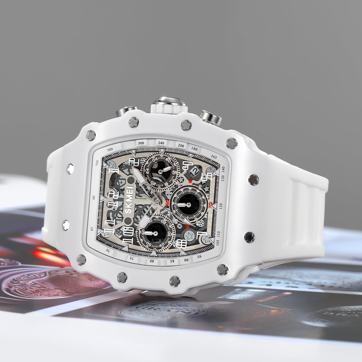 MASTOP Fashion Hollowed Men Watches Tonneau Transparent Silicone Strap Skull Big Face 50M Waterproof Chronograph Calendar Analog Display Quartz Male Wrist Watch - Image 2