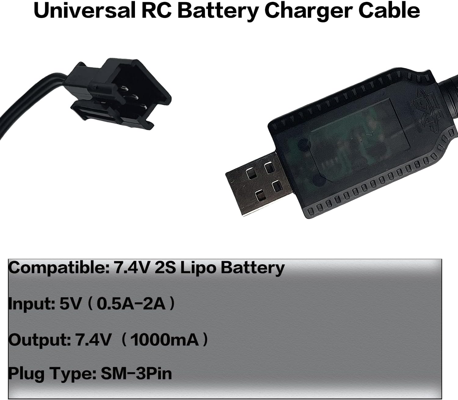 7.4V USB Charger Cable with SM-3PIN Plug Compatible RC Car RC Tank RC Boat and Other Remote Control for Universal 7.4V 2S Lipo Battery USB Charger with Battery Protection Black
