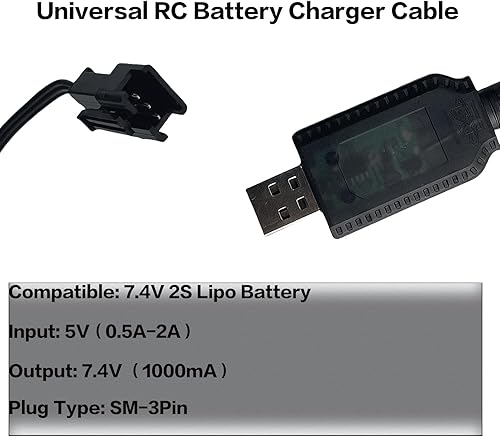 Miniatura 5 de Cable de carga USB de 7.4 V con enchufe SM-3PIN compatible con RC Car RC Tank RC Boat y otros juguetes de control remoto para universal 7.4V 2S Lipo