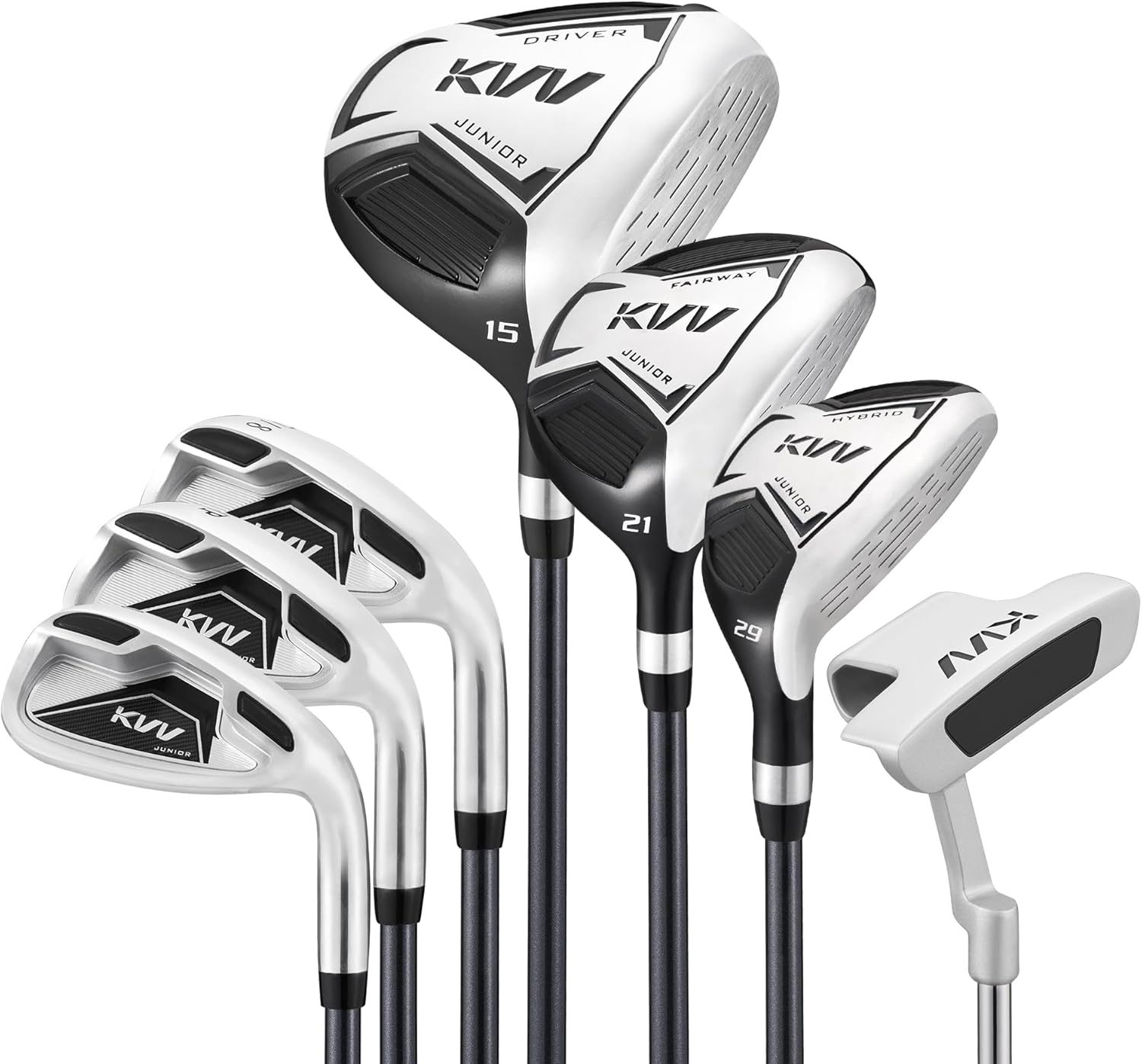 KVV Junior Golf Clubs Set Ages 3-5/6-8/9-12, Complete Kids Golf Set with Lightweight Stand Bag, Driver, Fairway, Hybrid, Irons, Wedge & Putter Right Handed for Girls & Boys