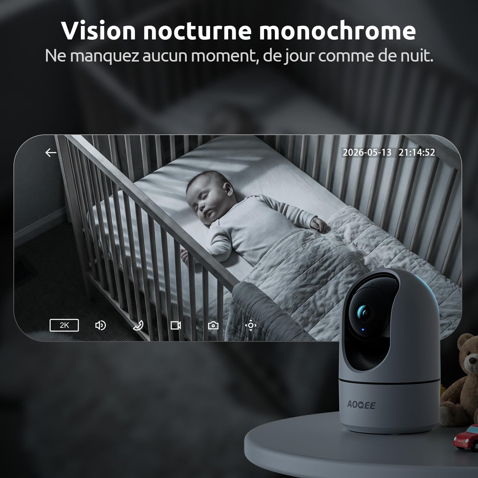 AOQEE 2K 3MP Camera Interieur - 2,4G/5GHz Double Bande Camera Surveillance WiFi, Suivi Intelligent, Détection Humaine IA, Audio Bidirectionnel, Connectée Smartphone pour Bebe/Chat/Chien (Lot de 3)
