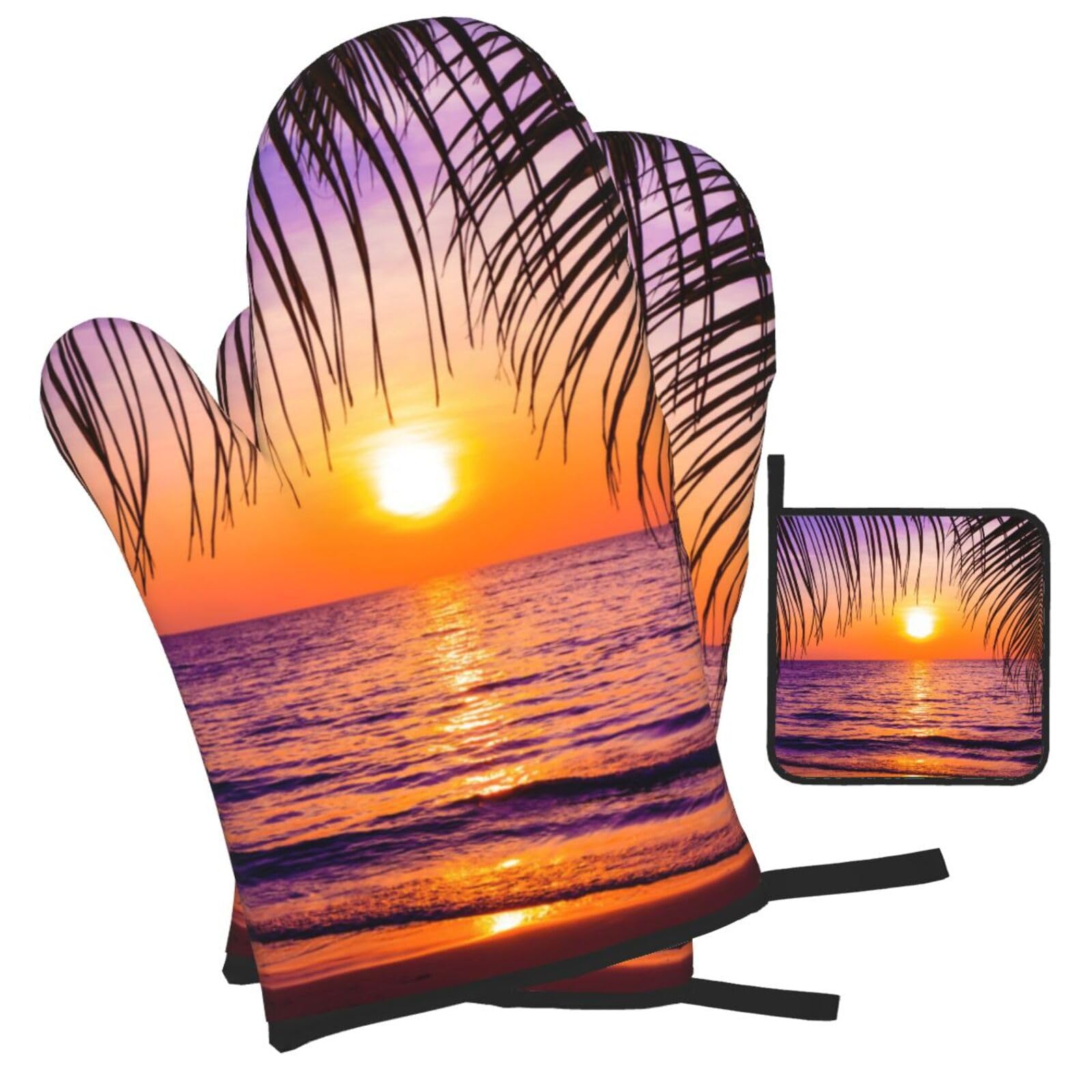 Sunset with Tropical Palm Trees Twilight Scenery Printed Oven Mitts and Pot Holders Heat Resistant Set of 3 Pcs, Modern Kitchen Gloves & Potholders for Cooking Baking Grilling