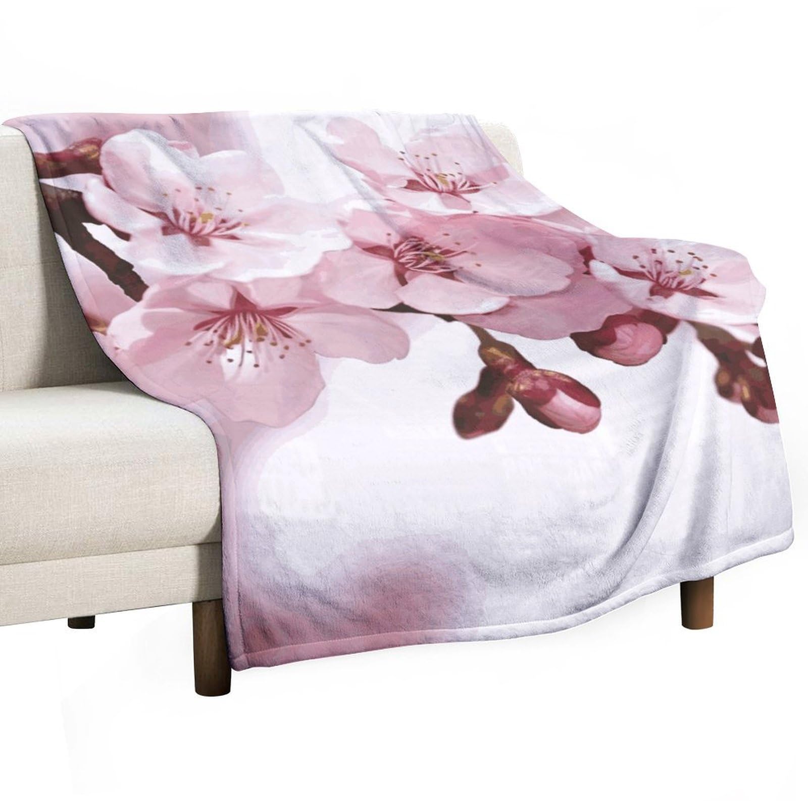 Couverture polaire légère pour canapé et salon, jeté de lit doux fleurs de cerisier